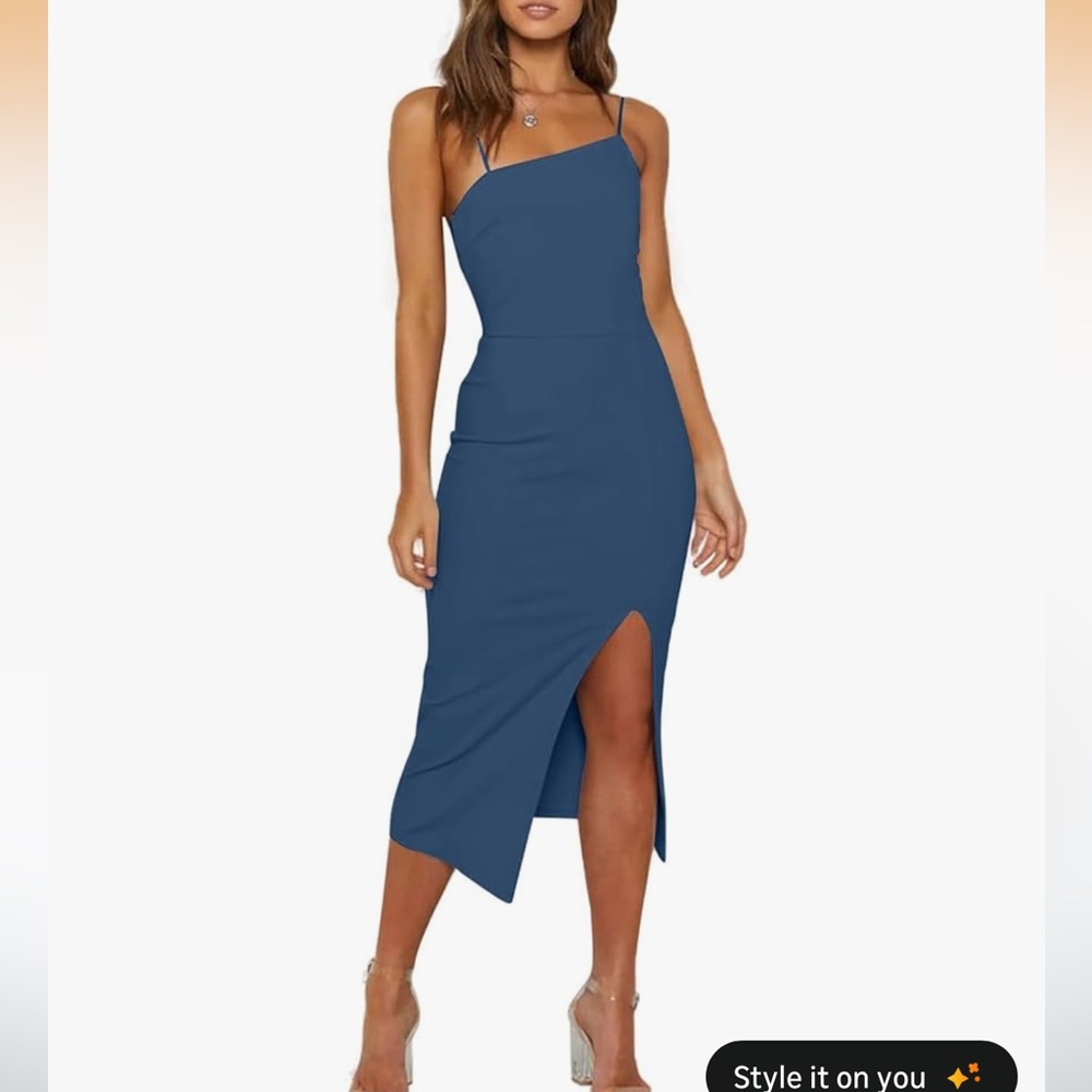Sleeveless Asymmetric Midi Dress with Side Slit - Blue- Worn Once
